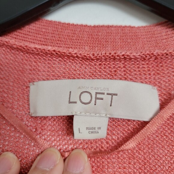 LOFT Linen Open Knit Coral Peach Open Front Long Sleeve Cardigan Sweater Large - Picture 9 of 12